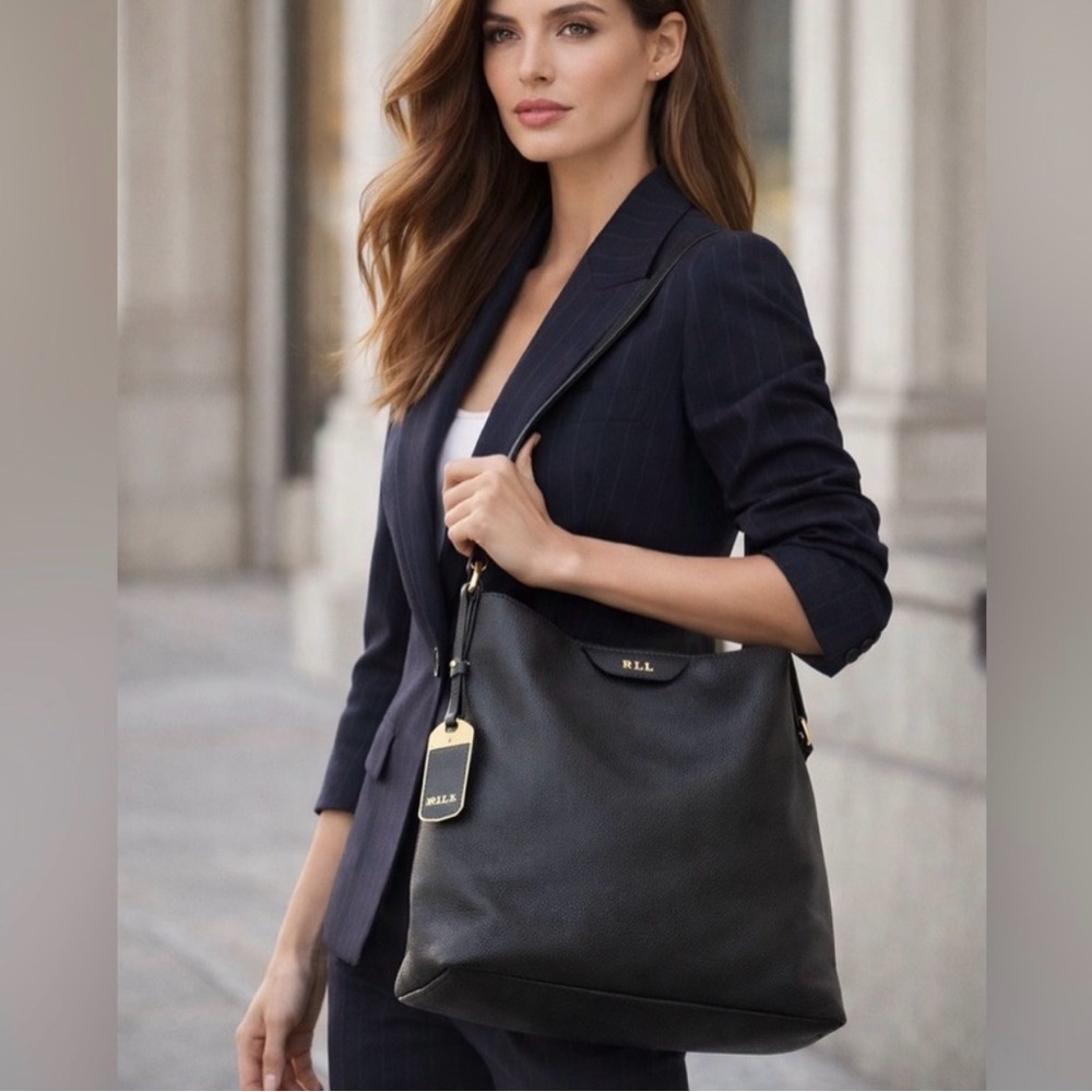 RALPH LAUREN Black Pebbled Leather Shoulder Bag